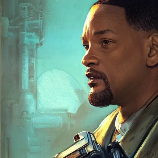 Prompt: Will Smith as a trader character in Fallout 4, gorgeous, beautiful, intricate, highly detailed, digital painting, artstation, oppressive lighting, concept art, sharp focus, illustration, art by greg rutkowski and alphonse mucha