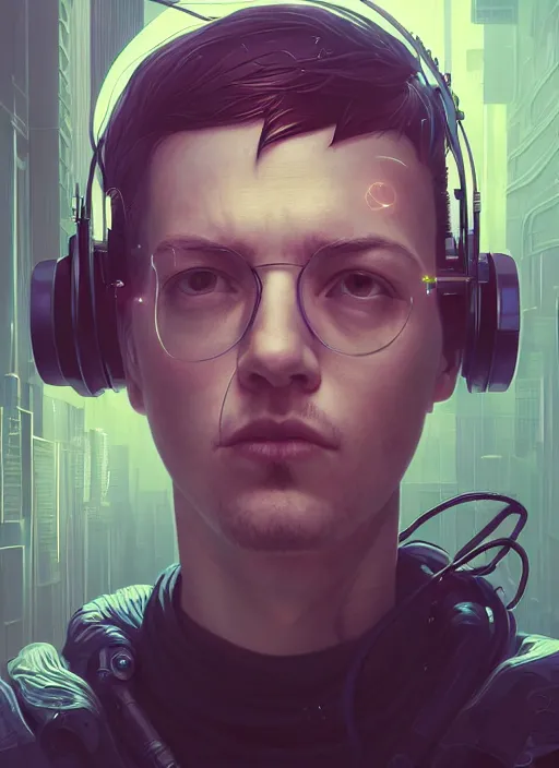 Image similar to highly detailed portrait of a cyberpunk gloomy hacker, wires connect to the head, stephen bliss, unreal engine, greg rutkowski, loish, rhads, beeple, makoto shinkai and lois van baarle, ilya kuvshinov, rossdraws, tom bagshaw, alphonse mucha, global illumination, detailed and intricate environment