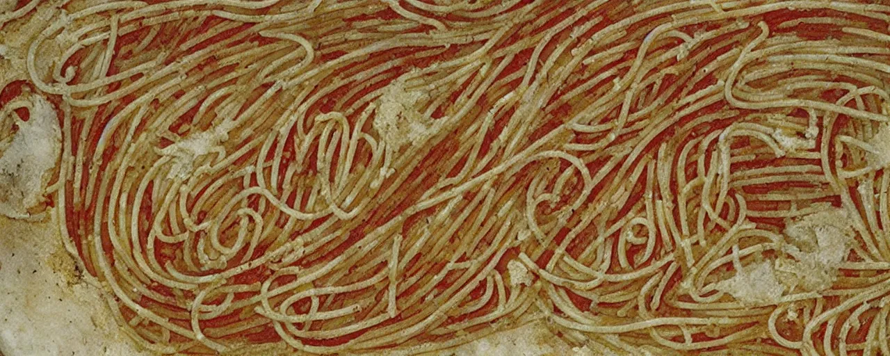 Image similar to ancient manuscripts detailing spaghetti, fine detail