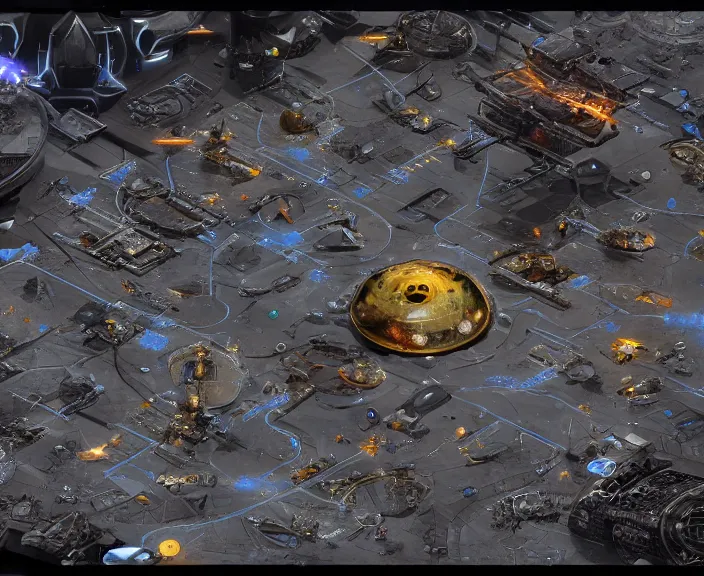 Prompt: a space junkyard forming a tilted disk in black starless space, a graveyard of space stations and giant space structures, dark sci - fi game map with solid black background, everything fits on the screen