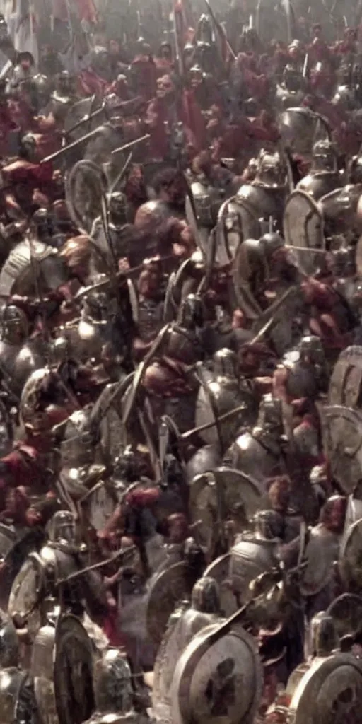 Image similar to Bernie Sanders dressed as Leonidas, with Leonidas beard, leading Spartans into battle, in screenshot from the 300 movie