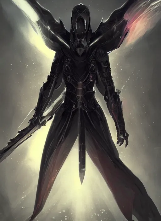 Image similar to dark seraphim knight in light armor wielding a magical lance, full body silhouette. dark water, cyberpunk pearl armor, futuristic fantasy, highly detailed, digital painting, trending on artstation, concept art, sharp focus, illustration, art by artgerm and nixeu and greg rutkowski and magali villeneuve.