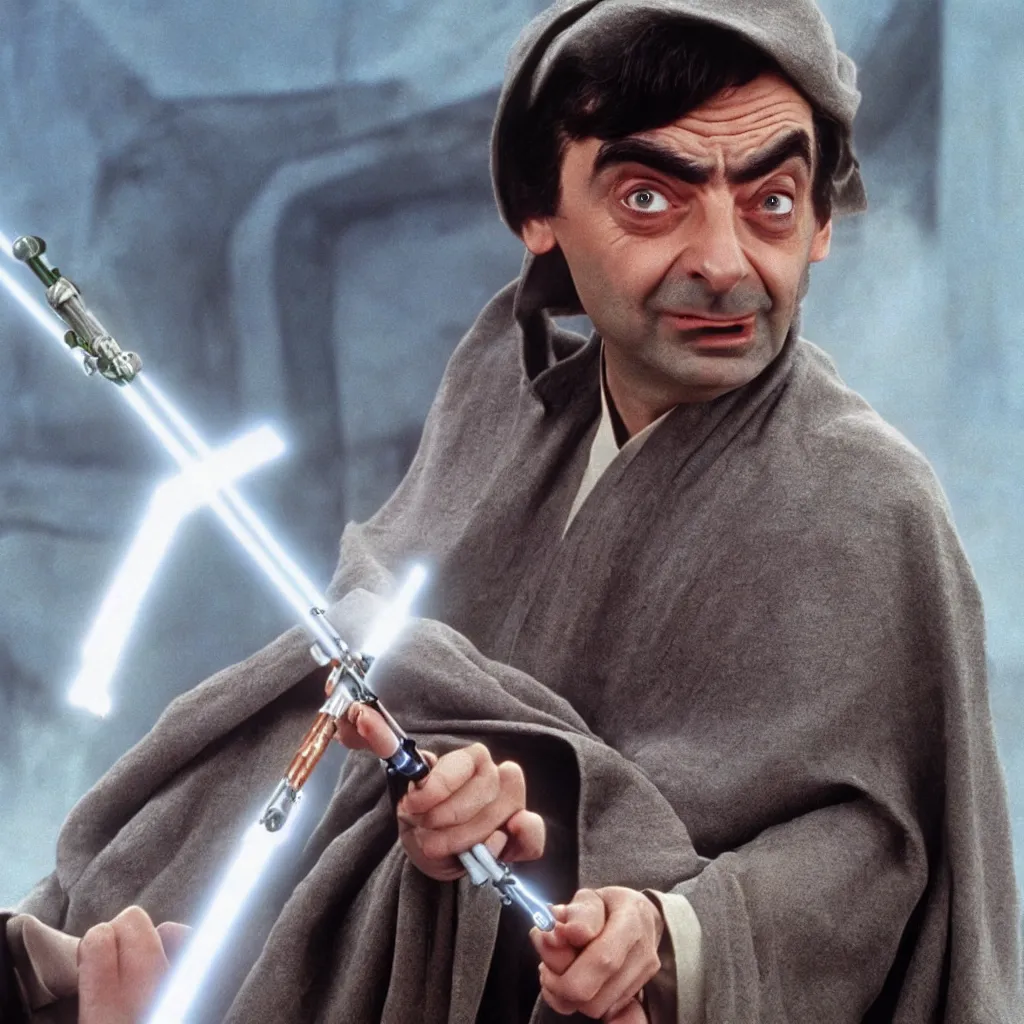 Image similar to Still of Mr. Bean as jedi master Obiwan kenobi!!!!. in Star Wars (1977). detailed eyes. medium shot, technicolor. light saber