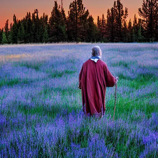 Prompt: old prophet wandering about a meadow. blue hour