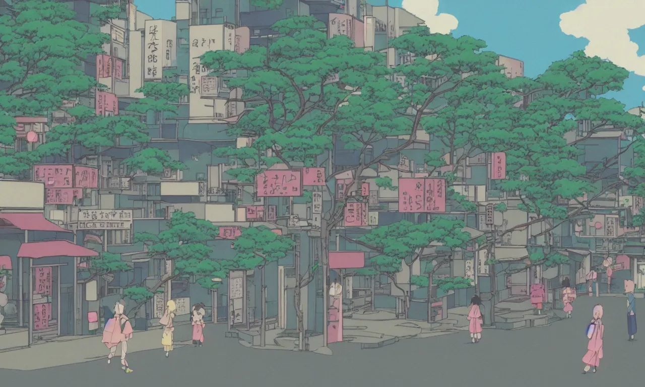 Prompt: A cute aesthetic still frame from an 80's or 90's anime, minimal street in Japan with a waterfall, shops, trees