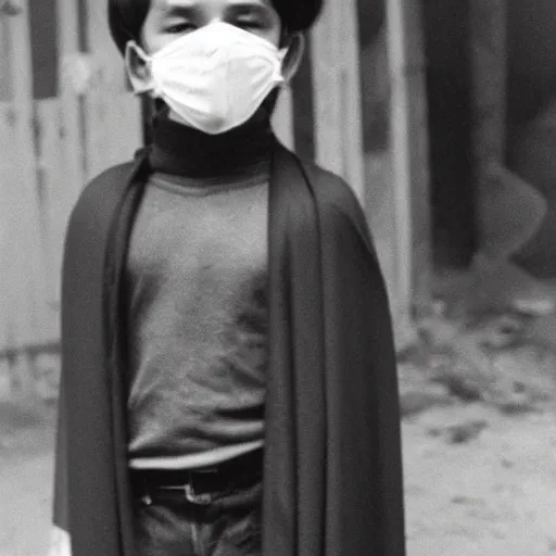 Prompt: A boy wearing a cape and mask, with a haunted look in his eyes, stands in front of a burning building