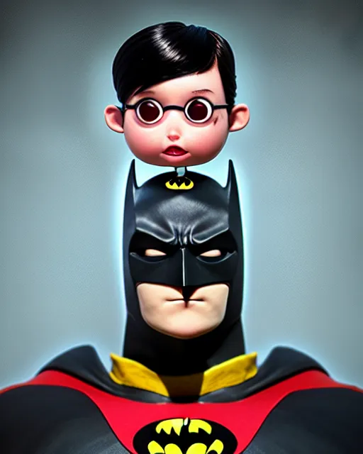 Prompt: an epic comic book style full body portrait painting of batman bubble head with black hair, elegant, character design by Mark Ryden and Pixar and Hayao Miyazaki, unreal 5, DAZ, hyperrealistic, octane render, cosplay, RPG portrait, dynamic lighting, intricate detail, summer vibrancy, cinematic
