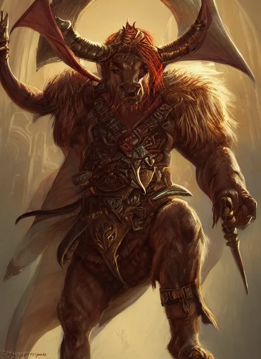 Prompt: minotaur, ultra detailed fantasy, dndbeyond, bright, colourful, realistic, dnd character portrait, full body, pathfinder, pinterest, art by ralph horsley, dnd, rpg, lotr game design fanart by concept art, behance hd, artstation, deviantart, hdr render in unreal engine 5