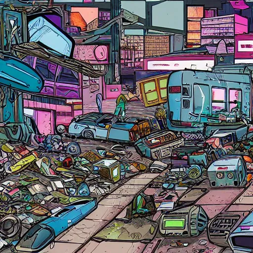 Image similar to view from ground level of a landscape full of junkyards, garbage heaps and recycled electronic gear | neon anime electronic cybernetic comic book art