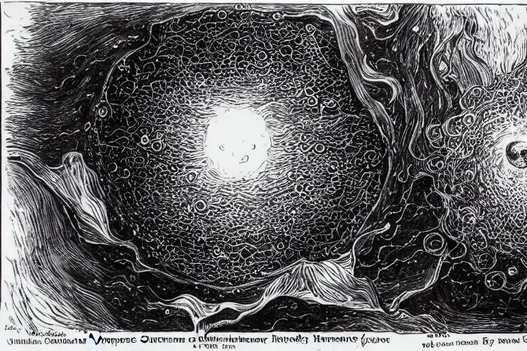 Image similar to Outside the ordered universeis that amorphous blight of nethermost confusion which blasphemes and bubbles at the center of all infinity—the boundless daemon sultan Azathoth, whose name no lips dare speak aloud, and who gnaws hungrily in inconceivable, unlighted chambers beyond time and space amidst the muffled, maddening beating of vile drums and the thin monotonous whine of accursed flutes. Painted by Wayne Barlowe and Zdislav Beksinski