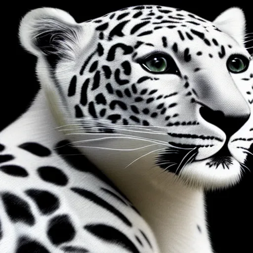 Image similar to a white leopard, black background, hyper realistic