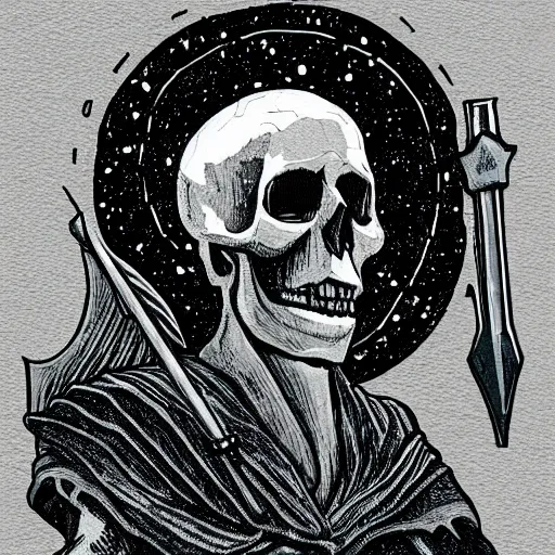 Image similar to a sticker illustration of a man with a skull head in a grey cloak holding his black spear up to the sky, Digital art
