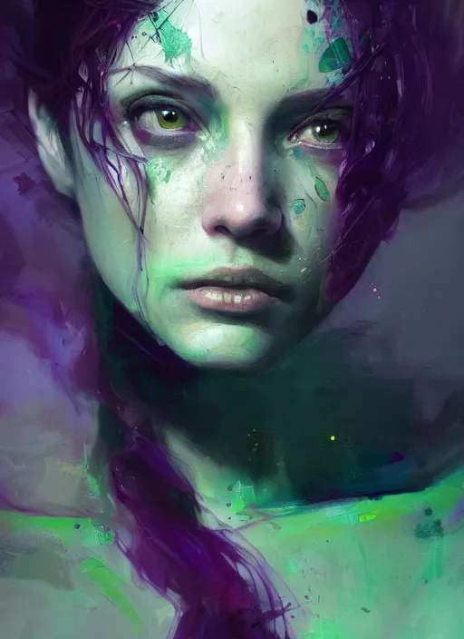 Image similar to purple and green colors, beautiful painting by jeremy mann, a female witch absurdly beautiful, elegant, ultrafine hyperrealistic detailed face illustration by wlop and artgerm and greg rutkowski, intricate linework, sharp focus, smooth, octopath traveler, final fantasy, unreal engine, dramatic lighting, ethereal, 8 k