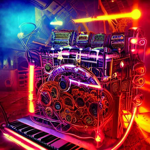 Image similar to cover art, album is called tripmachine, tripmachine, photo of a huge steampunk machinery with guitars and drums and pianos, connected with glowing tubes 8 k, fluorescent colors, halluzinogenic, multicolored, exaggerated detailed, front shot, 3 d render, octane
