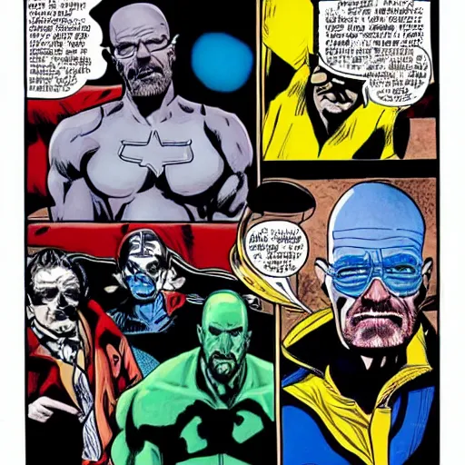 Prompt: Walter White has the infinity gauntlet, comic book art, inked