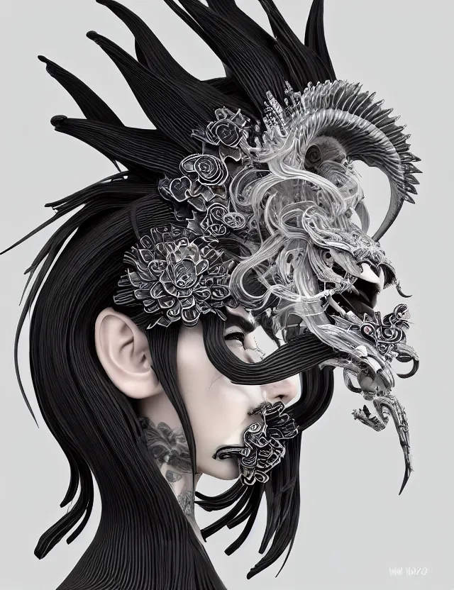 Image similar to 3 d goddess close - up profile portrait punk with mohawk with ram skull. beautiful intricately detailed japanese crow kitsune mask and clasical japanese kimono. betta fish, jellyfish phoenix, bio luminescent, plasma, ice, water, wind, creature, artwork by tooth wu and wlop and beeple and greg rutkowski