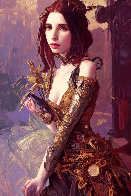 Image similar to emma roberts a baroque steampunk, augmented cyborg, half body, d & d, fantasy, intricate, elegant, highly detailed, colorful, vivid color, digital painting, artstation, concept art, art by artgerm and greg rutkowski and alphonse mucha and ruan jia
