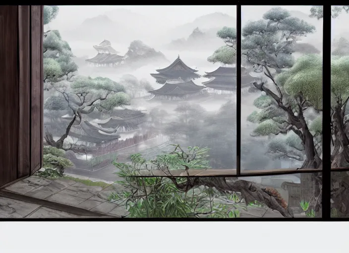 Image similar to view through window, magnificent city in ancient china in late spring, flowers will fade, some fog, realistic style, high details, scene concept., trending on artstation