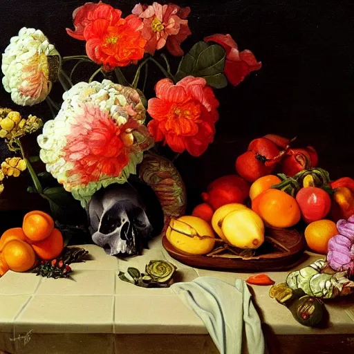 Image similar to still life, flowers, vegetables, fruits and skulls, oil painting, highly detailed