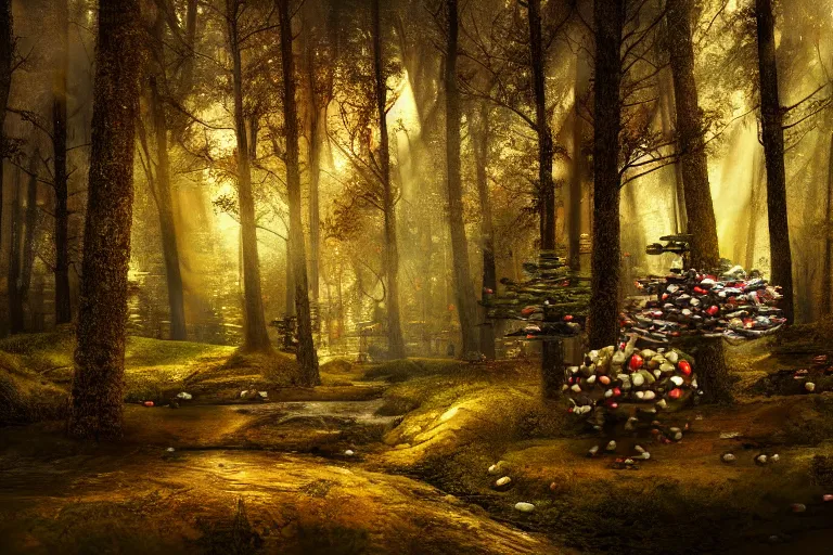 Prompt: deep moody forest made of candy, peppermint stick trees, cotton candy bushes, big colorful rock candy boulders, gumdrop mushrooms, chocolate creek, dark mood. mysterious realistic painting. photo collage, highly detailed, cinematic, hyperrealistic, artstation, dramatic lighting, god rays, clean crisp graphics, smooth sharp focus, extremely detailed