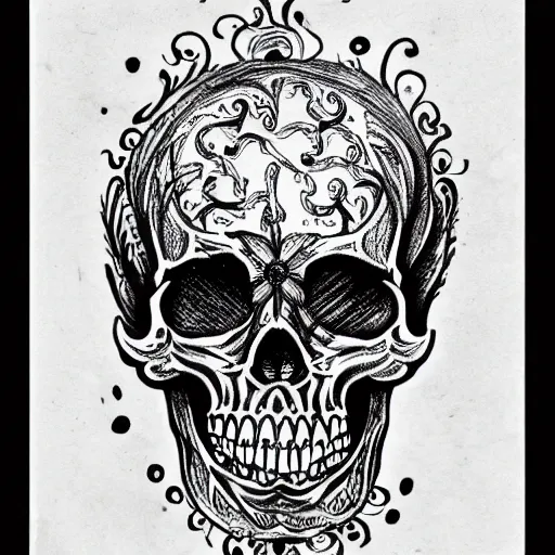 Prompt: baroque skull in the style of the Voynich manuscript outline tattoo design, black ink on white paper