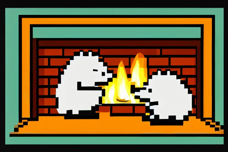 Image similar to two hedgehogs hugging in front of a fireplace, pixel art, log cabin