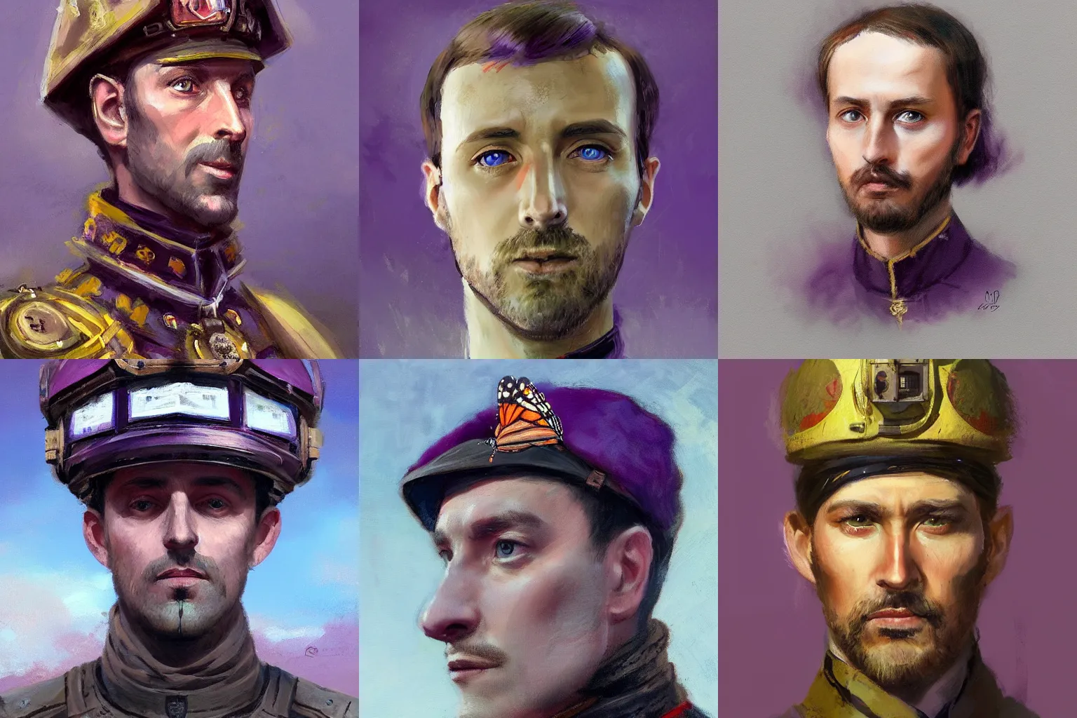 Prompt: face portrait of a monarch in purple tunic, jakub rozalski, dieselpunk, hearts of iron portrait, artstation