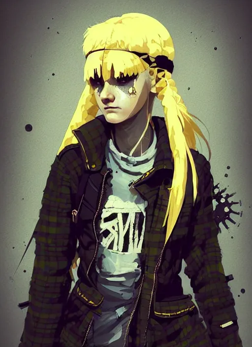 Image similar to highly detailed closeup portrait of a sewer punk pretty swedish female road warrior student, tartan garment, blonde hair pigtails with headband by atey ghailan, by greg rutkowski, by greg tocchini, by james gilleard, by joe fenton, by kaethe butcher, gradient yellow, black, brown and white color scheme, grunge aesthetic!!! white graffiti tag wall background