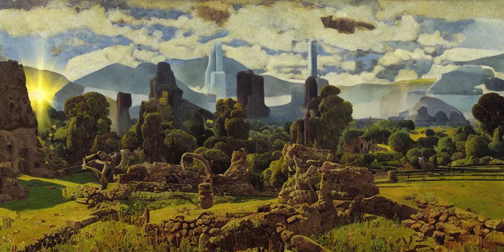Prompt: bucolic landscape with antique ruins, high detail, crepuscular ray, light through the mist, dramatic lighting, by Grant Wood, by Bekzinsky, by Salvador Dali, by Antoni Gaudi, by Maxfield Parrish, by Nicholas Roerich, by H.R. Giger