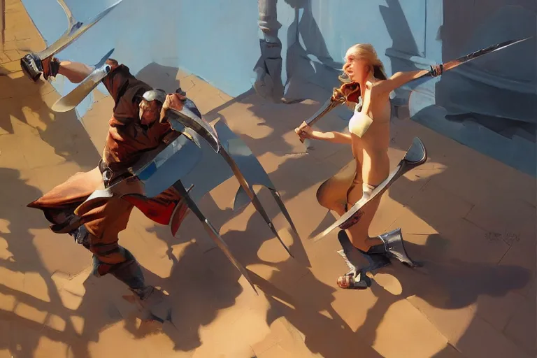 Image similar to greg manchess of people tripping and falling over swords, profile picture, organic painting, sunny day, matte painting, bold shapes, hard edges, street art, trending on artstation, by huang guangjian, gil elvgren, ruan jia, randy vargas, greg rutkowski