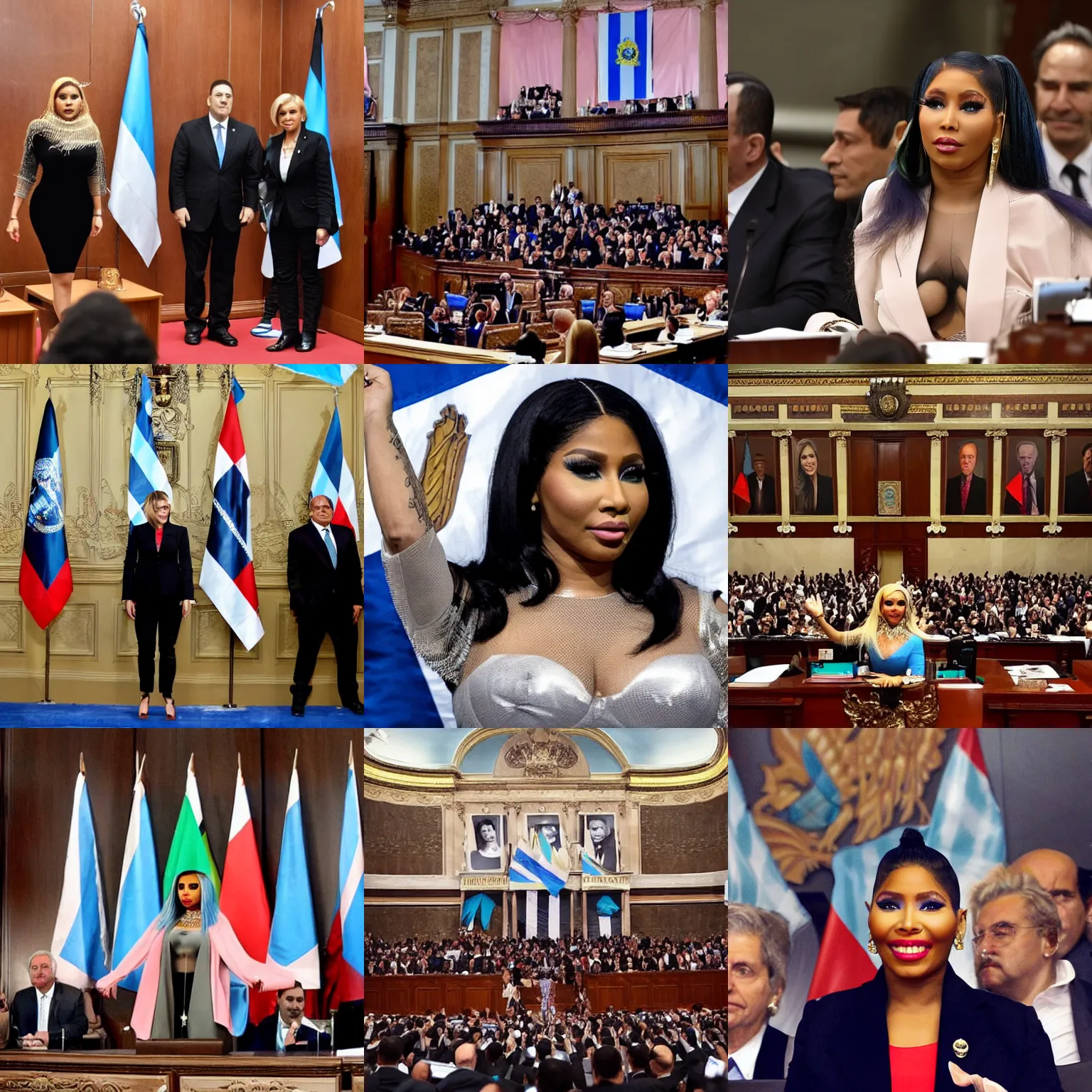 Image similar to Nicki Minaj president of Argentina, in the Argentine Congress, flags of Argentina behind, detailed picture