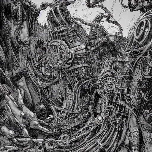 Prompt: biomechanical landscape in the style of barry windsor-smith