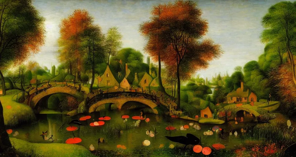 Image similar to a beautiful fairyland with a pond, ambient lighting, fantasy art, pieter brueghel, martin johnson heade style art