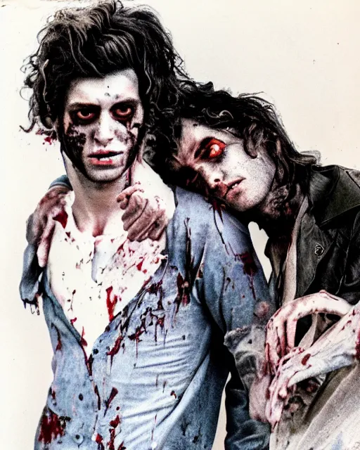 Image similar to two handsome but sinister young men in layers of fear, with haunted eyes and wild hair, 1 9 7 0 s, seventies, wallpaper, a little blood, moonlight showing injuries, delicate embellishments, painterly, offset printing technique