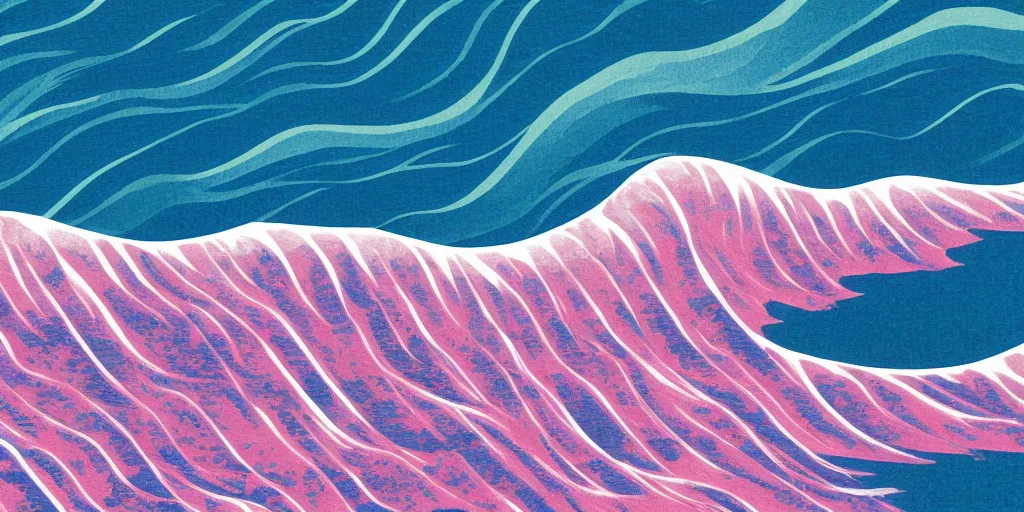 Prompt: blue purple and pink colored ocean waves rolling into the beach in the pattern of the great wave off Kanagawa, high resolution, 8k