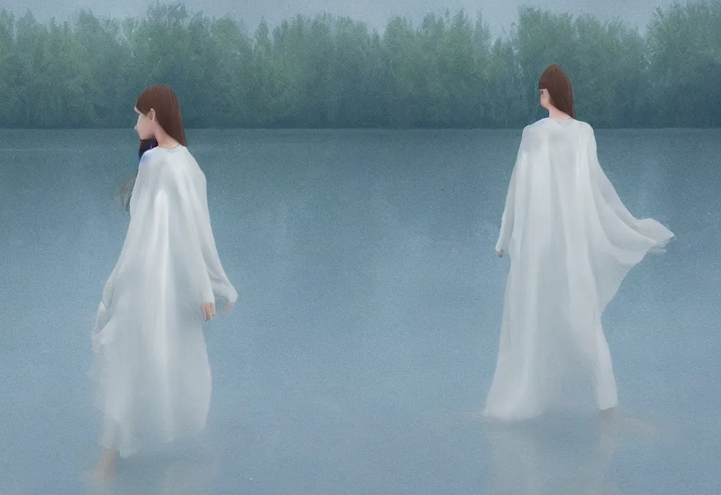 Image similar to digital art of a female figure walking in the middle of a lake wearing ethereal white clothing. lush nature. blue tint.