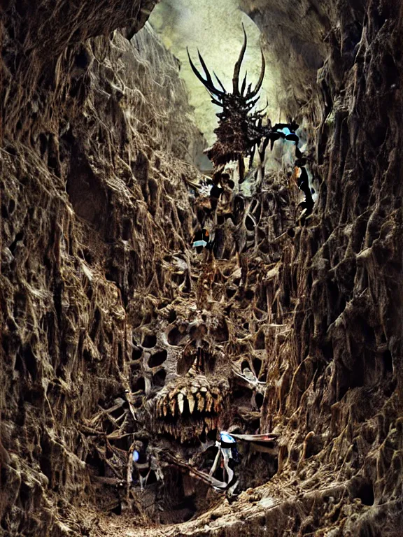 Prompt: A spiked horned skeleton with armored joints stands in a cave. Extremely high detail, realistic, fantasy art, solo, masterpiece, saturated colors, bones, ripped flesh, art by Zdzisław Beksiński, Arthur Rackham, Dariusz Zawadzki