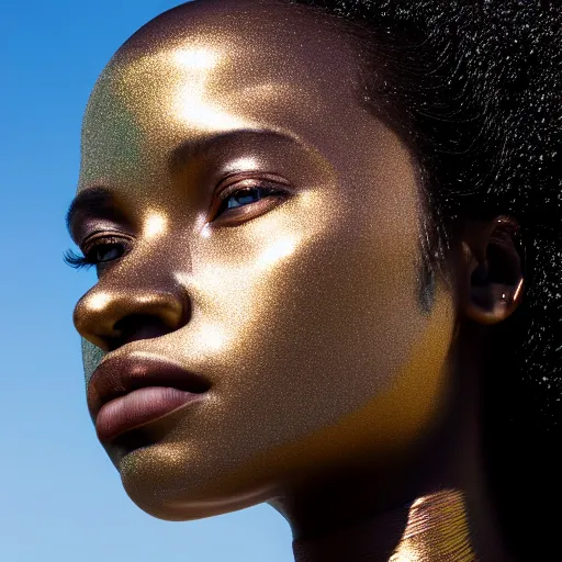 Image similar to portrait of metallic reflecting face, african woman, subtle iridescence, smooth, proud looking away, outdoor, blue sky, nature, 8 k, realistic, depth of field, highly detailed, award winning photography,