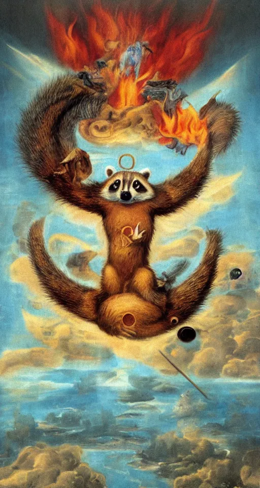 Prompt: surrealistic fresco of a god raccoon on a cloud, hovering over a lake of fire, apocalyptic scenario