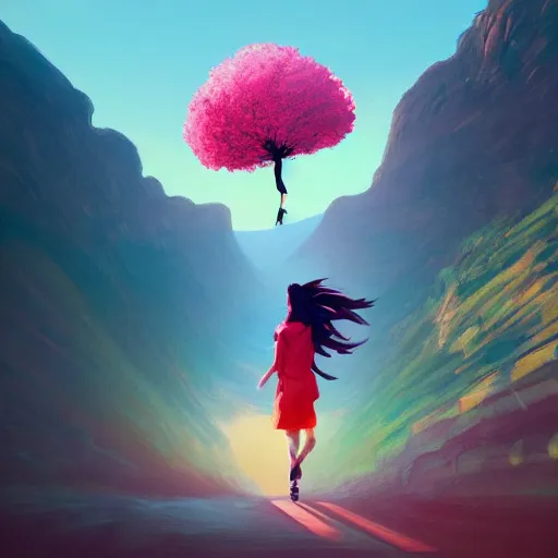 Image similar to giant cherry blossom flower as a head, girl walking in a canyon, surreal photography, sunrise, dramatic light, impressionist painting, colorful clouds, digital painting, artstation, simon stalenhag