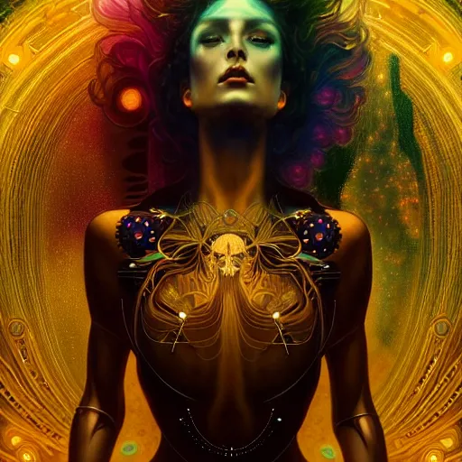 Prompt: extremely psychedelic beautiful cyborg queen of lsd infected by night. intricate, elegant, highly detailed, extremely lifelike photorealistic digital painting, artstation. steichen, gaston bussiere, tom bagshaw, cyberpunk alphonse mucha. elegant minimalism. anatomically correct. sultry. sharp focus. gold. surreal lush hallucination