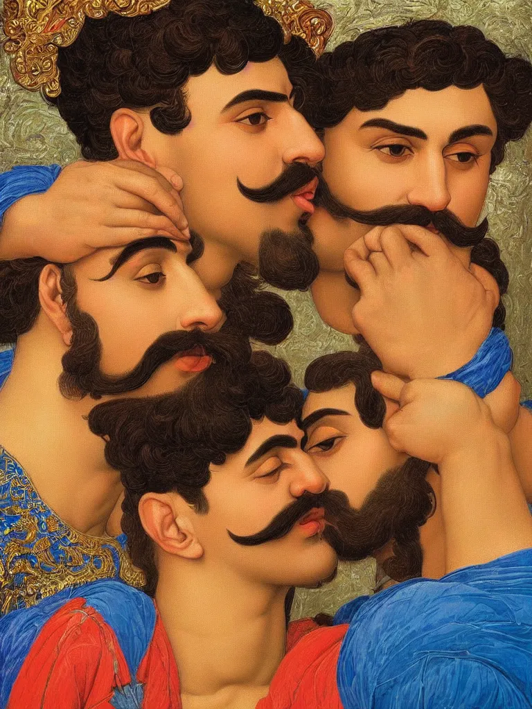 Image similar to close up portrait of 20 years old muscular persian iranian wrestlers handsome men with a mustache kiss by victor Nizovtsev and Botticelli