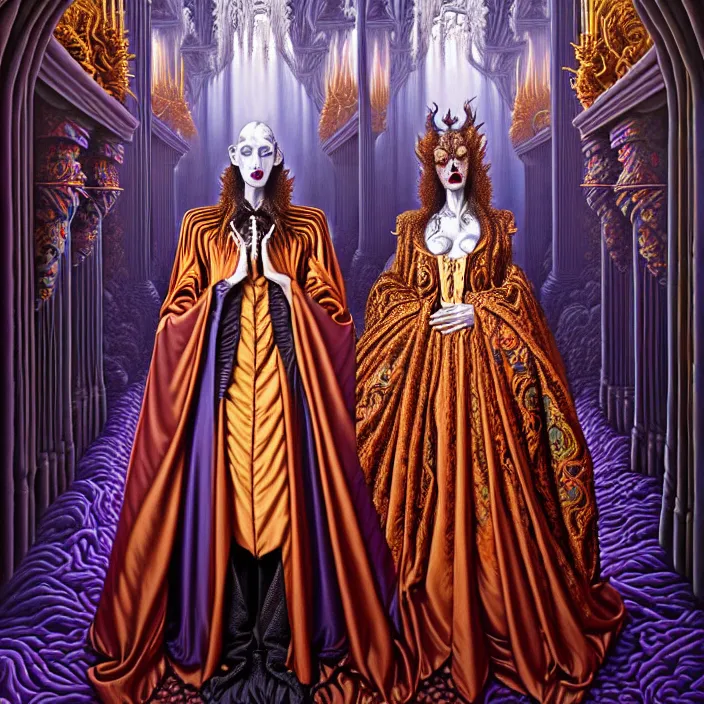 Prompt: beautiful oil painting, full length portrait of vampire dauphinois in baroque coronation robes 1701, Dan Mumford, Dan Mumford, Alex grey, hyacinthe rigaurd, highly detailed , lsd visuals, dmt fractal patterns, visionary art, psychedelic art, ornate, vaporwave, baroque, Greg rutkowski