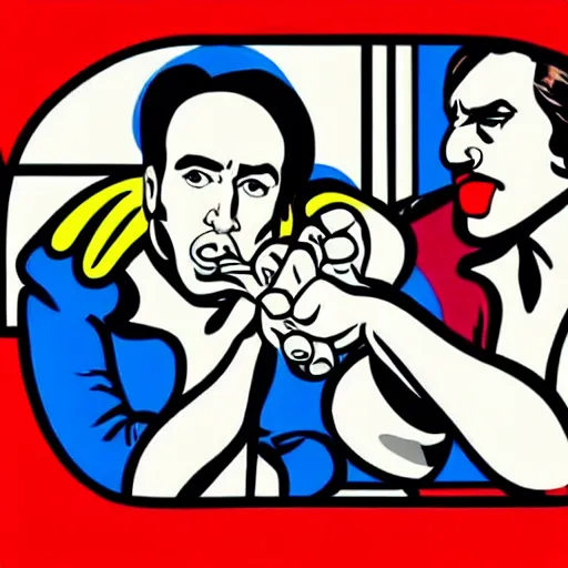 Prompt: nicholas cage arm wrestling an octopus in a casino, pop art, roy lichtenstein style