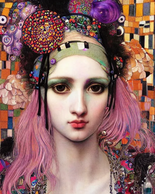 Prompt: a close up of beautiful decora cybergoth emo girl wearing a balaclava surrounded by colourful intricate patterns, by gustave klimt edgar maxence and caravaggio and michael whelan, intricate painting, hyper realistic, extremely detailed and beautiful aesthetic face, inside maximalist baroque vaporwave royalty frames