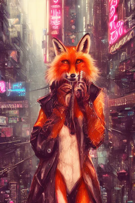 Prompt: beautiful portrait of a tall female anthro fox smoking a cigarette in a bustling crowd of a rainy city street, cyberpunk, harsh neon lights, highly detailed, digital painting, illustration, art by sakimichan, artgerm