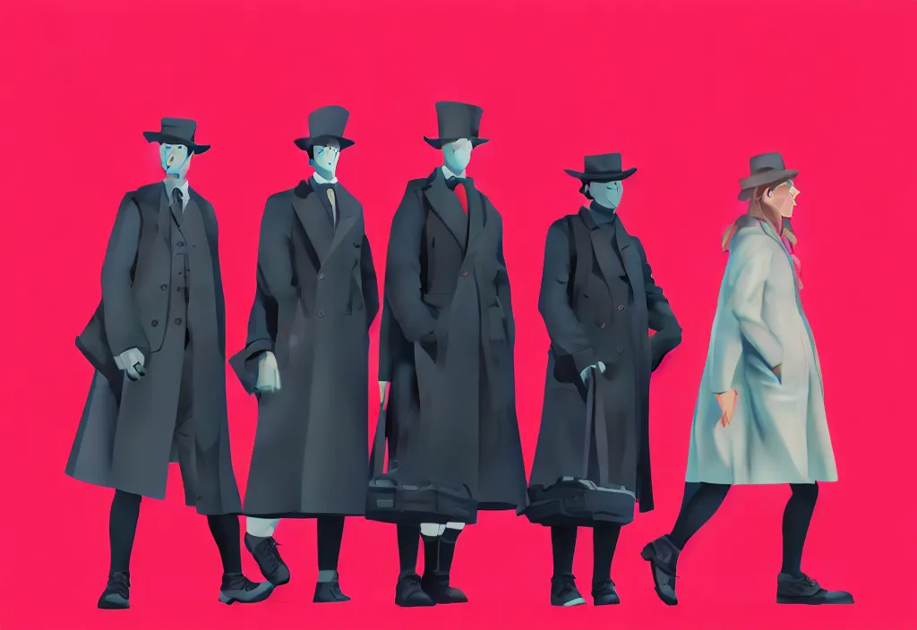 Prompt: full body portrait of a trio of young european tourists long coat travel apparel, with nikon cameras, various poses shooting photos, character designs painting, in the style of wes anderson, rene magritte, lola dupre, david hockney, isolated on white background, dark monochrome neon spraypaint accents volumetric octane render