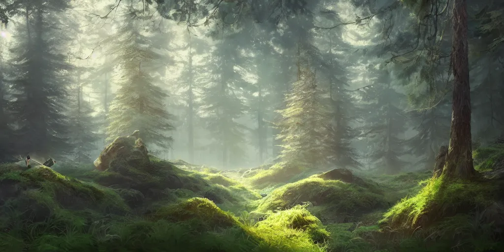 Prompt: a forest, detailed oil painting, hyperrealistic, breathtaking, volumetric lighting, Studio Ghibli, Jessica Rossier, digital art, octane render, epic composition, trending on artstation, masterpiece