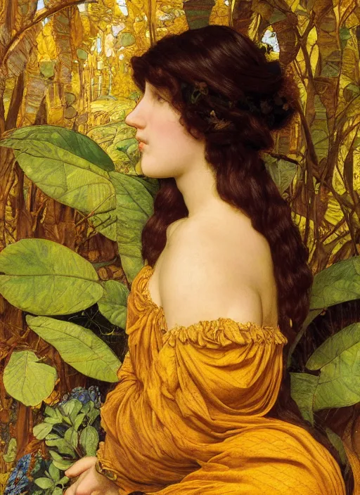 Image similar to masterpiece beautiful seductive flowing curves preraphaelite face portrait amongst leaves, extreme close up shot, straight bangs, thick set features, yellow ochre ornate medieval dress, raven, laying amongst foliage mushroom forest circle arch, frederic leighton and kilian eng and rosetti, 4 k