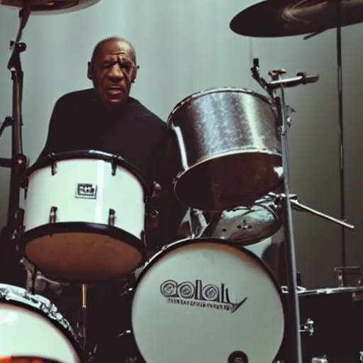 Image similar to Still of a bill cosby playing drums in the bring me to life music video by American rock band Evanescence dslr